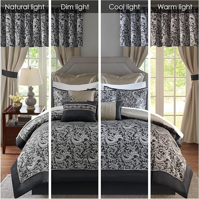 Madison Park Essentials Brystol 24 Piece Room in a Bag Faux Silk Comforter Jacquard Paisley Design Matching Curtains Down Alternative All Season Bedding-Set, Queen(90 in x 90 in), Black 24 Piece - LeafyLoom