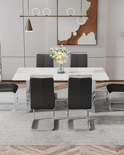 NicBex Modern Minimalist Dining Table White Imitation Marble Glass Desktop is Equipped with Silver Metal Legs Suitable for Restaurants and Living Rooms, White + Silver - LeafyLoom