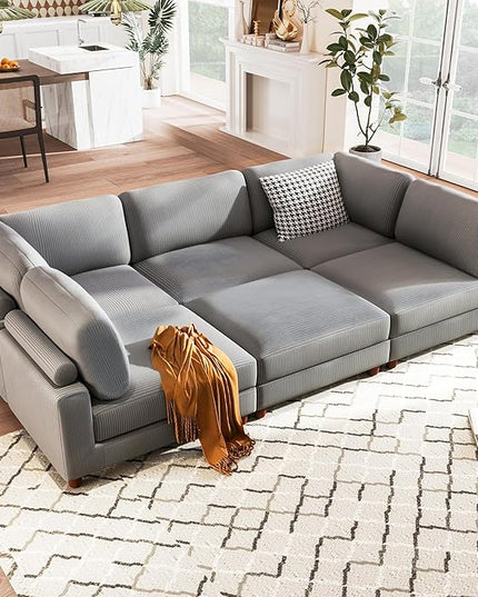 163.8" Large L Shaped Modular Sectional Sofa with Ottoman, 6-Seater Upholstered Combination Corner Couch for Living Room Office Spacious Space Furniture Sets, Gray, 163.8 Inch - LeafyLoom