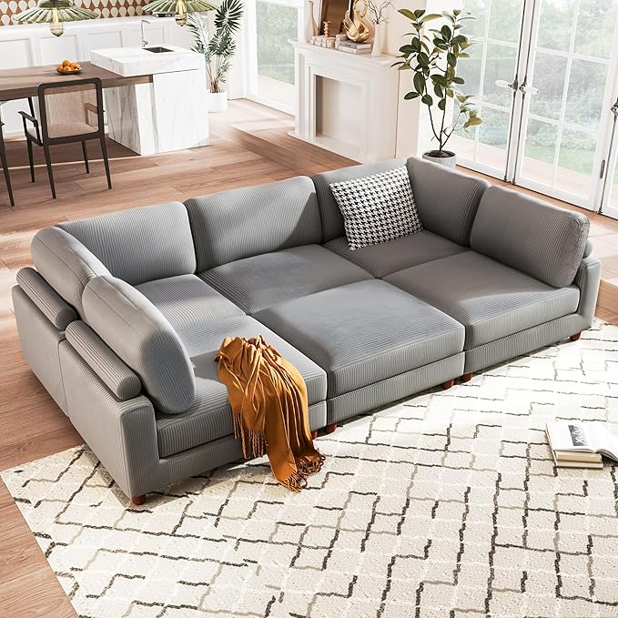 163.8" Large L Shaped Modular Sectional Sofa with Ottoman, 6-Seater Upholstered Combination Corner Couch for Living Room Office Spacious Space Furniture Sets, Gray, 163.8 Inch - LeafyLoom