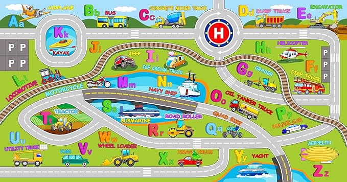 Booooom Jackson Train Car Mat for Kids Toy Cars,ABC Alphabet Car Rug for Kids To Play and Learn,Non Slip Car Play Rug for Boys Girls Room,Colorful Kids Rugs for Playroom Washable,Car and Train Playmat - LeafyLoom