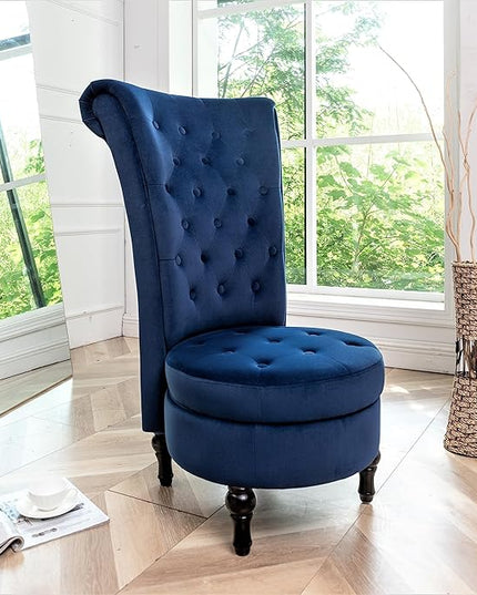 Royal High-Back Velvet Accent Chair for Vanity with Storage and Luxurious Upholstery, Retro Design and Versatile Usage for Living Room, Bedroom, Lounge and Office, Dark Blue - LeafyLoom