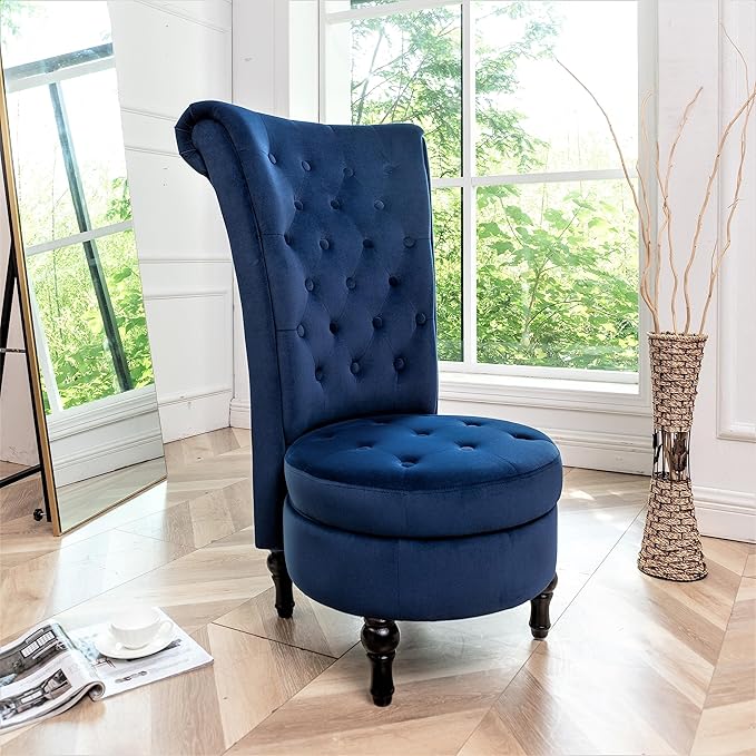 Royal High-Back Velvet Accent Chair for Vanity with Storage and Luxurious Upholstery, Retro Design and Versatile Usage for Living Room, Bedroom, Lounge and Office, Dark Blue - LeafyLoom