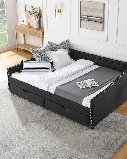 Queen Size Mid-Century Daybed, 2 Storage Drawers,Linen Button Upholstered Tufted Bed, Copper Nail on Waved Shape Arms, No Box Spring Needed,for Bedroom, Livingroom, Black - LeafyLoom