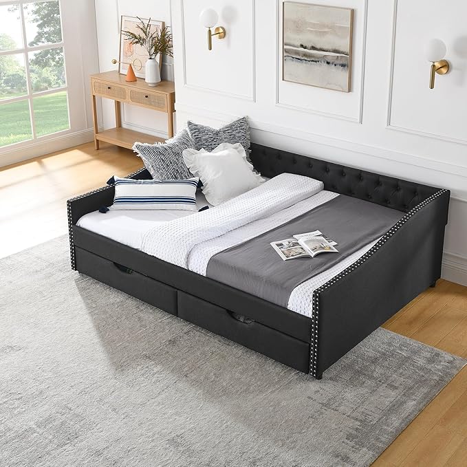 Queen Size Mid-Century Daybed, 2 Storage Drawers,Linen Button Upholstered Tufted Bed, Copper Nail on Waved Shape Arms, No Box Spring Needed,for Bedroom, Livingroom, Black - LeafyLoom