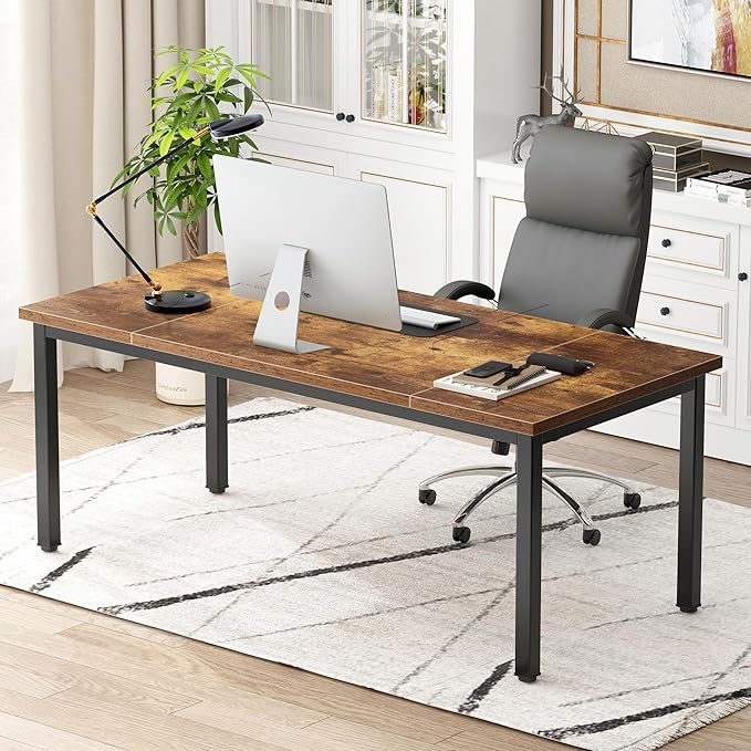 DlandHome Computer Desk, Large Executive Office Desk Computer Table Study Writing Desk Workstation for Home Office,70.8 x 31.5 inch,Retro - LeafyLoom