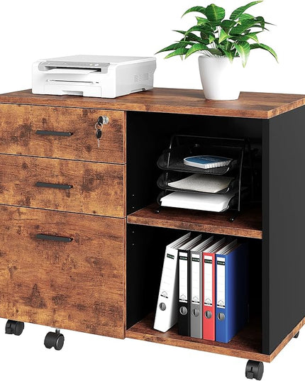 Wood File Cabinet, 3 Drawer Mobile Lateral Filing Cabinet On Wheels, Printer Stand with Open Storage Shelves for Home Office (Wood) - LeafyLoom
