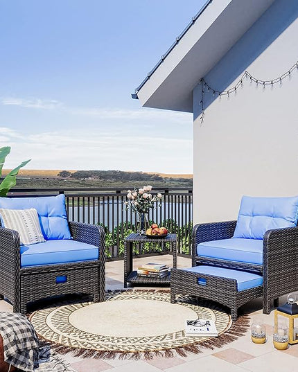 Pamapic 5 Pieces Wicker Patio Furniture Set Outdoor Patio Chairs with Ottomans Conversation Furniture with coffetable for Poorside Garden Balcony(Blue Cushion + Black Rattan)… - LeafyLoom