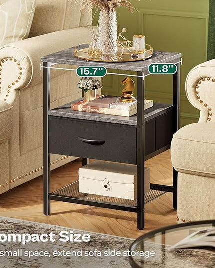 Night Stand with Fabric Drawer, Side Table with Mesh Shelf, Bedroom Nightstand, Fabric Drawer Dresser, Open Shelf, Metal Frame, Couch Side, Charcoal Gray - LeafyLoom