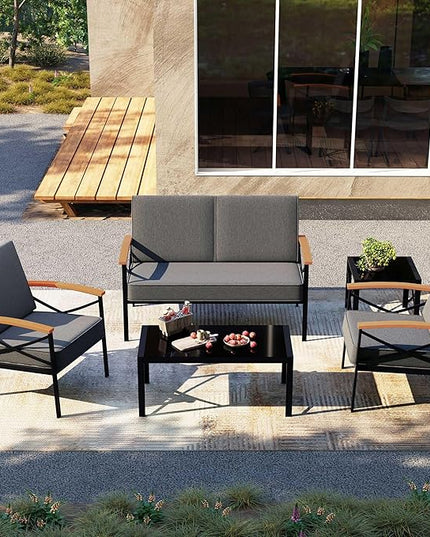 Shintenchi 5 Piece Outdoor Patio Furniture Set, Metal Sofa Conversation Set, including Loveseat, Two Single Chairs and Two Coffee Tables for Backyard, Patio, Balcony, Poolside (Dark Grey) - LeafyLoom