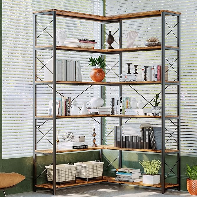 IRONCK 6-Shelf Corner Bookcase, Vintage Industrial Corner Bookshelf Etagere Bookcase, 6 Tier Corner Shelf Storage Rack with Metal Frame for Living Room Home Office - LeafyLoom