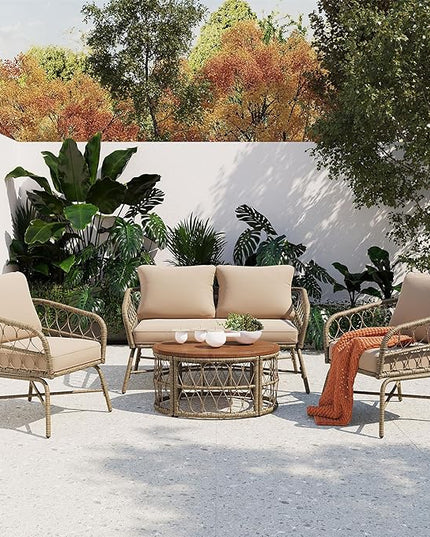 Merax Outdoor Patio Furniture Sets, Bohemia-Inspired Wicker Conversation Seating Group, with Soft Cushions and Wood Tabletop, 4 PCS, Beige - LeafyLoom