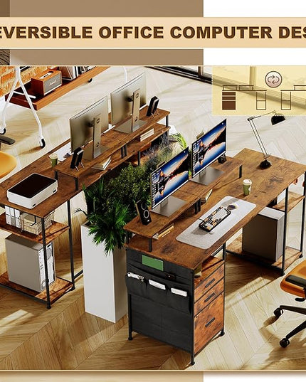 Computer Desk with 3 File Cabinet Drawers, 57.8'' Reversible Gaming Desk, Office Desk with Storage Shelves and Dual Monitor Stand for Home & Office (Rustic Brown) - LeafyLoom