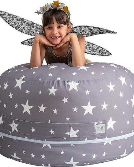 2 Sizes in 1 Stuffed Animal Storage Bean Bag Chair Cover for Kids & Adults | Washable XL Stuffie Seat | 100% Cotton | Pouf Organizer for Plush Toys, Linens, Quilts & Pillows | Twinkle Twinkle - LeafyLoom