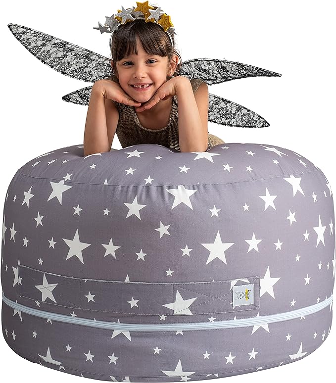 2 Sizes in 1 Stuffed Animal Storage Bean Bag Chair Cover for Kids & Adults | Washable XL Stuffie Seat | 100% Cotton | Pouf Organizer for Plush Toys, Linens, Quilts & Pillows | Twinkle Twinkle - LeafyLoom
