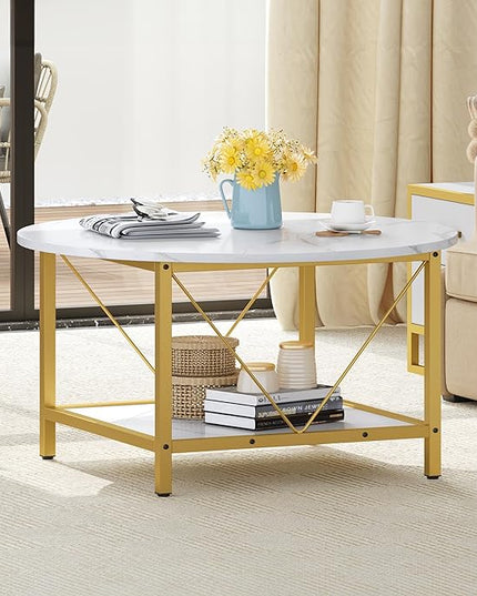 YITAHOME Round Coffee Table,Rustic Wood Coffee Tables for Living Room with Storage Shelf, Modern Farmhouse Circle Coffee Table Center with Sturdy Metal Legs Home Furniture, Gold and White - LeafyLoom