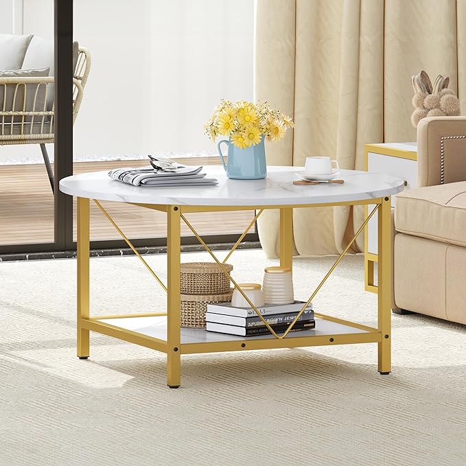 YITAHOME Round Coffee Table,Rustic Wood Coffee Tables for Living Room with Storage Shelf, Modern Farmhouse Circle Coffee Table Center with Sturdy Metal Legs Home Furniture, Gold and White - LeafyLoom