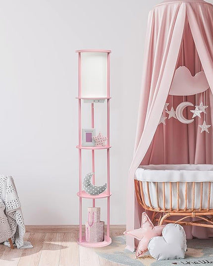 Simple Designs LF2010-LPK 62.5" Round Modern Shelf Etagere Organizer Storage Floor Lamp with 2 USB Charging Ports, 1 Charging Outlet and Linen Shade for Living Room Bedroom Office, Light Pink - LeafyLoom