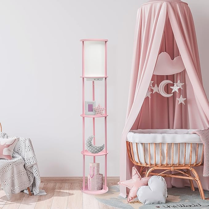 Simple Designs LF2010-LPK 62.5" Round Modern Shelf Etagere Organizer Storage Floor Lamp with 2 USB Charging Ports, 1 Charging Outlet and Linen Shade for Living Room Bedroom Office, Light Pink - LeafyLoom