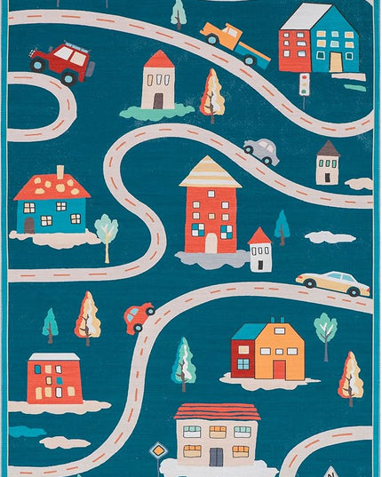 nuLOOM Zita Neighborhood Machine Washable Kids Ultra Thin Area Rug, 3' x 5', Blue Multi - LeafyLoom