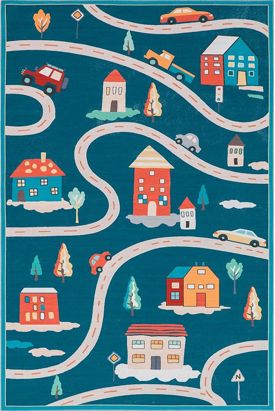 nuLOOM Zita Neighborhood Machine Washable Kids Ultra Thin Area Rug, 5' x 8', Blue Multi - LeafyLoom