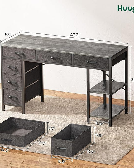 Computer Desk with 6 Drawers, 47 Inch Office Desk with Shelves, Reversible Gaming Desk, Corner Desk with Storage, Work Desk for Home Office, Study, Living Room, Gray - LeafyLoom