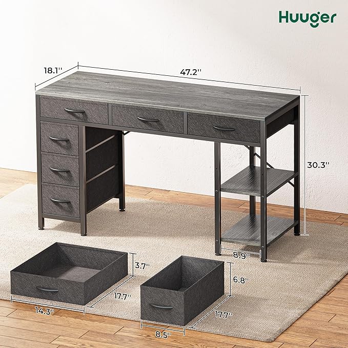 Computer Desk with 6 Drawers, 47 Inch Office Desk with Shelves, Reversible Gaming Desk, Corner Desk with Storage, Work Desk for Home Office, Study, Living Room, Gray - LeafyLoom