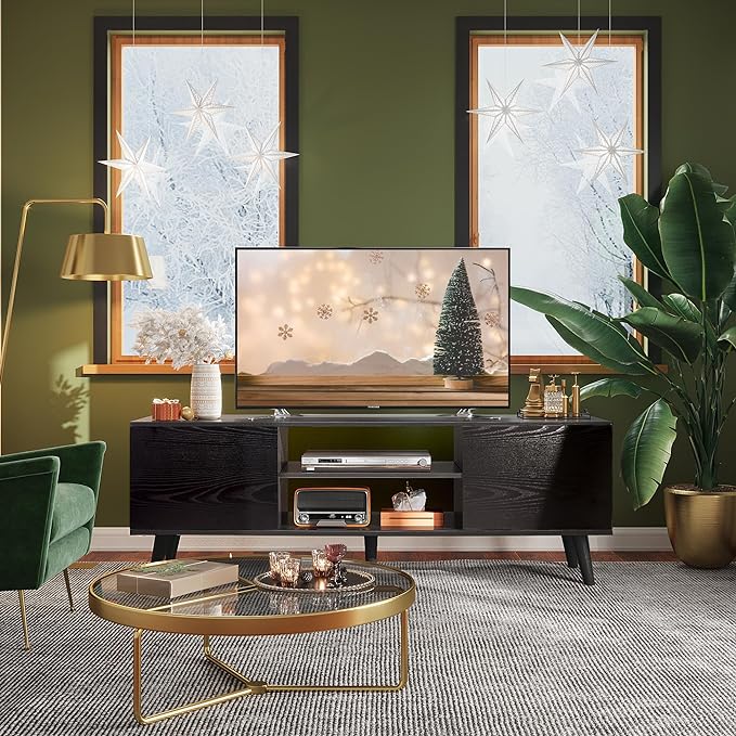 WLIVE TV Stand for 55 60 inch TV, Entertainment Center with Storage Cabinets, Rustic TV Console for Living Room Decor, Black - LeafyLoom