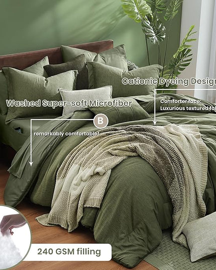 Monbix Full Size Comforter Set, Olive Green Bedding Comforter for Full Size Bed Set Reversible, Bedding Sets Full 7 Pieces, Cationic Dyeing Bed in a Bag with Comforter, Sheets, Pillowcases & Shams - LeafyLoom
