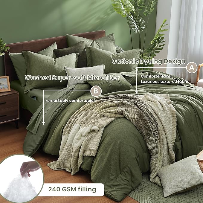 Monbix King Size Comforter Set, Olive Green King Size Bed Set Reversible, King Size Comforter Set 7 Pieces, Cationic Dyeing Bed in a Bag with Comforter, Sheets, Pillowcases & Shams - LeafyLoom