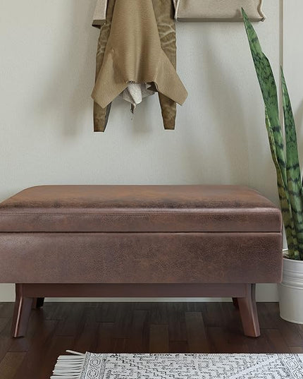 SIMPLIHOME Owen 36 Inch Wide Mid Century Modern Rectangle Small Rectangular Storage Ottoman in Distressed Chestnut Brown Faux Leather, For the Living Room, Entryway and Family Room - LeafyLoom