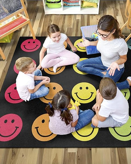 Flagship Carpets Schoolgirl Style Rainbow Smileys in Black Criss-Cross Applesauce Educational Area Rug for Kids Room, Children's Classroom for Teaching & Playroom, 7'6" x 12', Black & Multi, Seats 28 - LeafyLoom