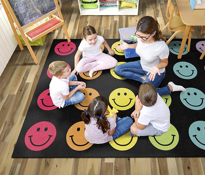 Flagship Carpets Schoolgirl Style Rainbow Smileys in Black Criss-Cross Applesauce Educational Area Rug for Kids Room, Children's Classroom for Teaching & Playroom, 7'6" x 12', Black & Multi, Seats 28 - LeafyLoom