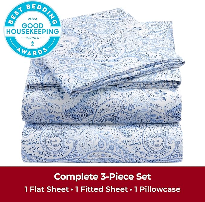 Mellanni Twin Sheets Set - 3 PC Iconic Collection Bedding Sheets & Pillowcases - Hotel Luxury, Extra Soft, Cooling Bed Sheets - Deep Pocket up to 16 inch (Twin, Paisley Blue) - LeafyLoom