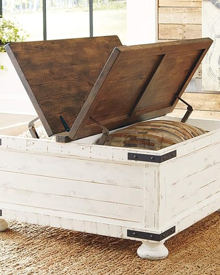 Signature Design by Ashley Wystfield Farmhouse Square Storage Coffee Table with Hinged Lift Top, Distressed White - LeafyLoom