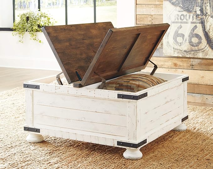 Signature Design by Ashley Wystfield Farmhouse Square Storage Coffee Table with Hinged Lift Top, Distressed White - LeafyLoom