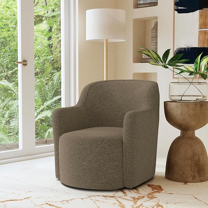 HomePop Décor Upholstered 360° Barrel Back Swivel Accent Living Room & Bedroom|Decorative Home Furniture Directors-Chairs, Dark Brown Boucle - LeafyLoom