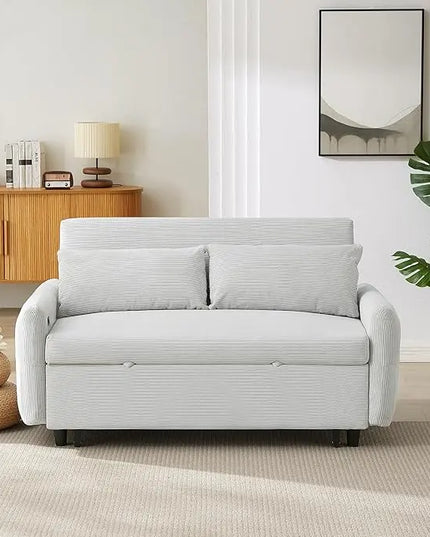 3-in-1 Corduroy Upholstered Futon Loveseat Sofa w/Pull Out Bed and USB Ports, 57.48" Pullout Couch Chaise Lounge with Adjustable Backrest and Throw Pillows for Living Room Small Space - LeafyLoom