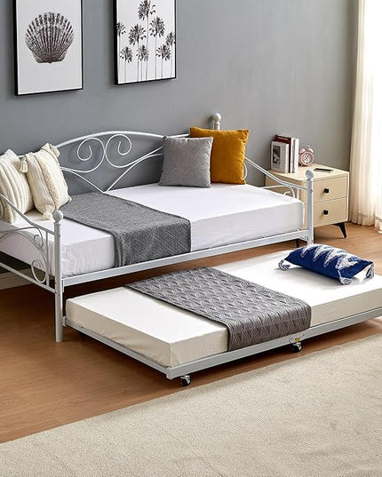 VECELO Daybed Frame, Twin Size Metal Platform Sofa Bed Mattress Foundation with Headboard, Heavy-Duty Steel Slat Support for Bedroom Living/Guest Room, Easy Assembly, White - LeafyLoom