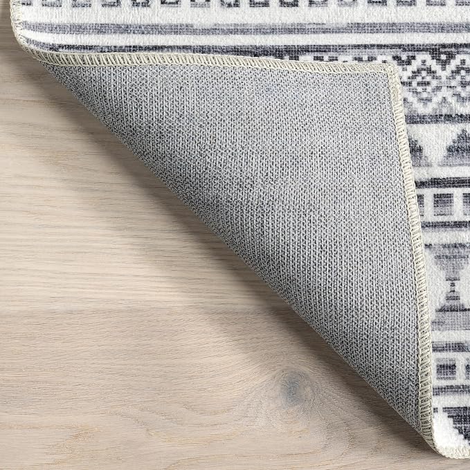 nuLOOM Kira Machine Washable Tribal Geometric Ultra Thin Runner Rug, 2' 6" x 12', Grey - LeafyLoom