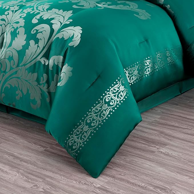 Chezmoi Collection 7-Piece Jacquard Floral Comforter Set (King, Green/Silver) - LeafyLoom