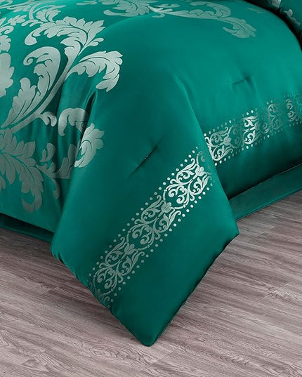 Chezmoi Collection 7-Piece Jacquard Floral Comforter Set (California King, Green/Silver) - LeafyLoom