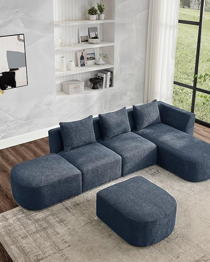 113" L-Shape Sectional Side Chaise and Ottoman, Modular Sofa, DIY Combination, Loop Yarn Fabric for Living Room, Apartment, 113inch, Blue Right - LeafyLoom