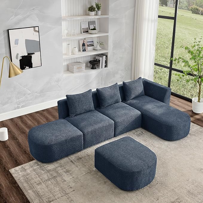 113" L-Shape Sectional Side Chaise and Ottoman, Modular Sofa, DIY Combination, Loop Yarn Fabric for Living Room, Apartment, 113inch, Blue Right - LeafyLoom