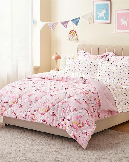 Twin Unicorn Kids Bedding Set for Girls, 5 Pieces Super Soft Lightweight Microfiber Comforter Set with Sheets, Bed in a Bag, Durable Children Bed Set - LeafyLoom