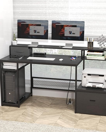 Home Office Desks with Drawers, 66‘’ Computer Desk with Storage, Office Desk with Monitor Stand, Work Desk with Outlets and USB, Gaming Table Desk with File Cabinet for Home Office Table, Black - LeafyLoom