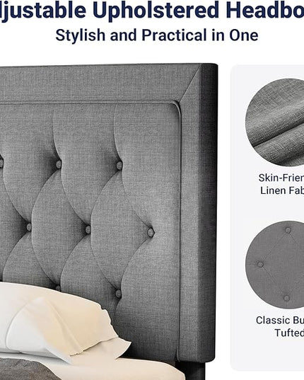 Allewie Queen Size Bed Frame Upholstered Platform Bed with Adjustable Headboard, Button Tufted, Wood Slat Support, Easy Assembly, Light Grey - LeafyLoom