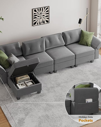 Modular Sectional Sofa, Convertible Sectional Couches for Living Room L Shaped Sofa Couch with Storage Ottoman, High Supportive 6 Seats Reversible Sectionals 113'' with Chaise, Dark Grey - LeafyLoom