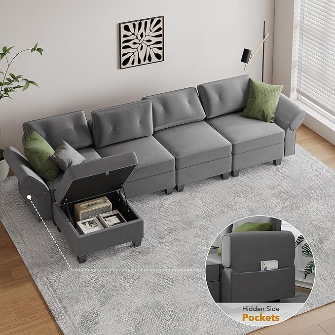 Modular Sectional Sofa, Convertible Sectional Couches for Living Room L Shaped Sofa Couch with Storage Ottoman, High Supportive 6 Seats Reversible Sectionals 113'' with Chaise, Dark Grey - LeafyLoom