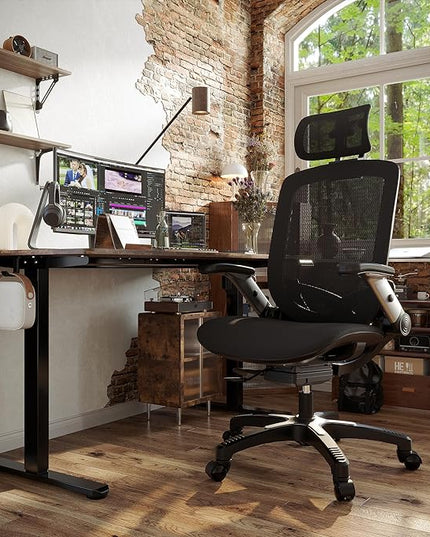 GABRYLLY Ergonomic Office Mesh Chair, High-Back Desk Chair with Sliding Seat, Adjustable Flip-up Armrest & 2D Headrest, 4-Gear Tilt Function, Swivel Computer Gaming Chair for Man Woman - LeafyLoom
